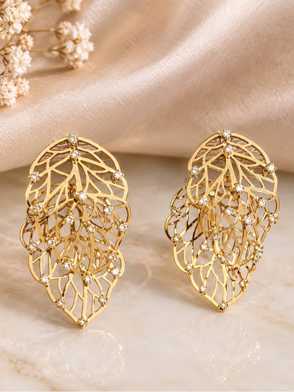 Gold Filigree Leaf Drop Earrings - Women Jewelry